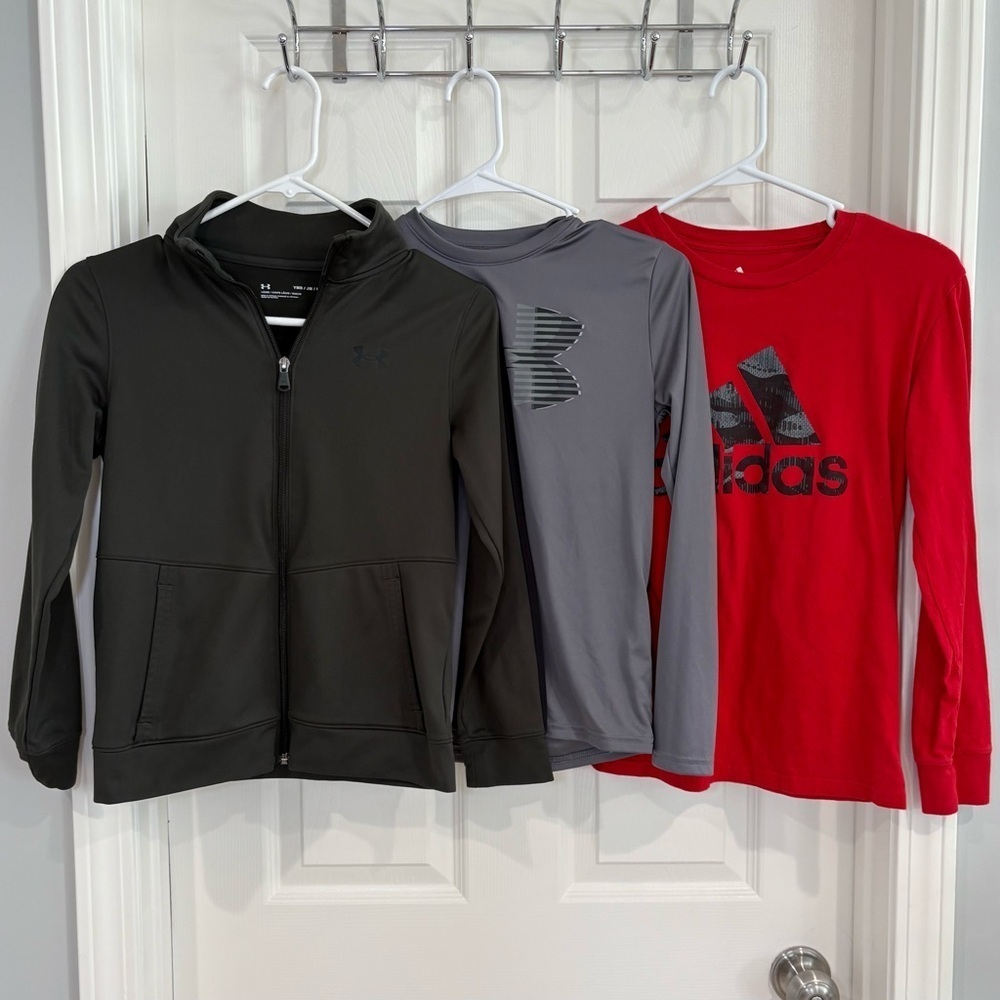Adidas, Under Armour Long Sleeve Shirt & Zip Up Jacket Boys Sz M Gray, Red